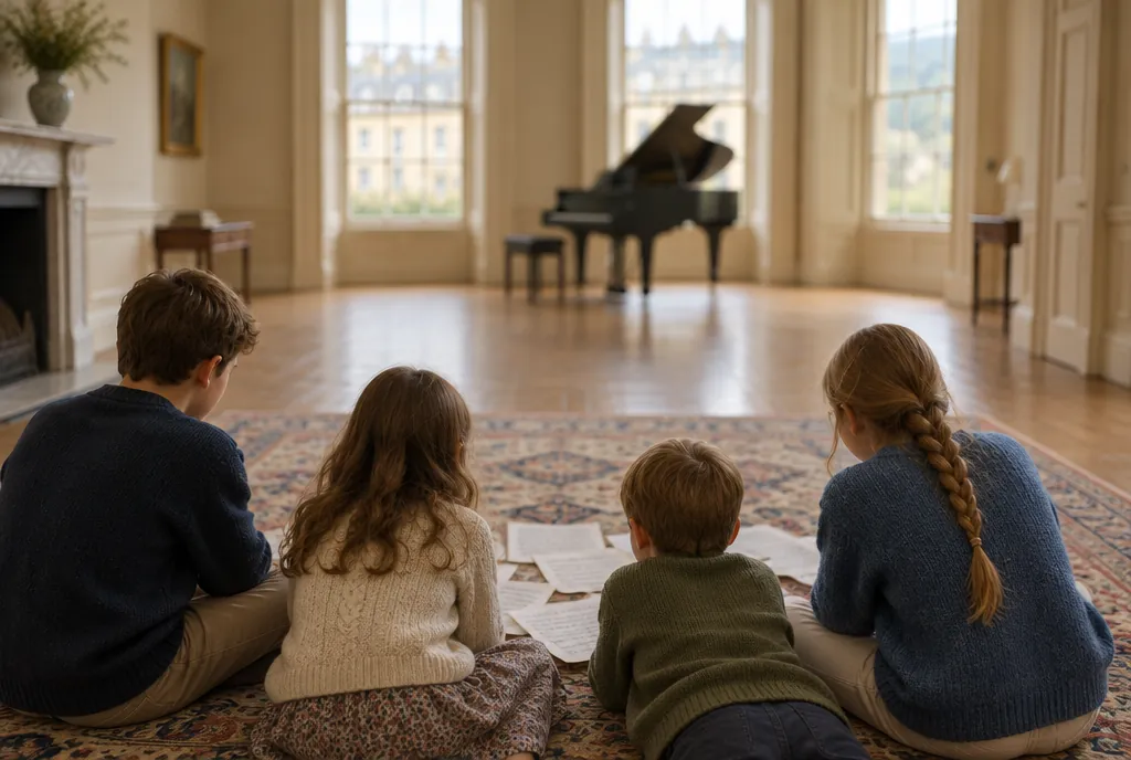 Four children seen from behind sitting on a rug with sheet music, a grand piano by the windows at the far end of the room