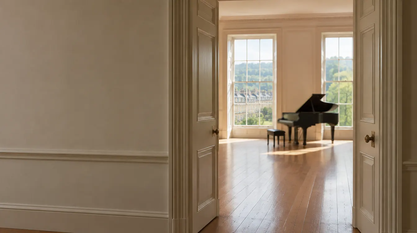 Through open panelled doors, a grand piano with its lid raised stands by tall sash windows in a sunlit Georgian drawing room in Bath, honey-stone terraces and park beyond