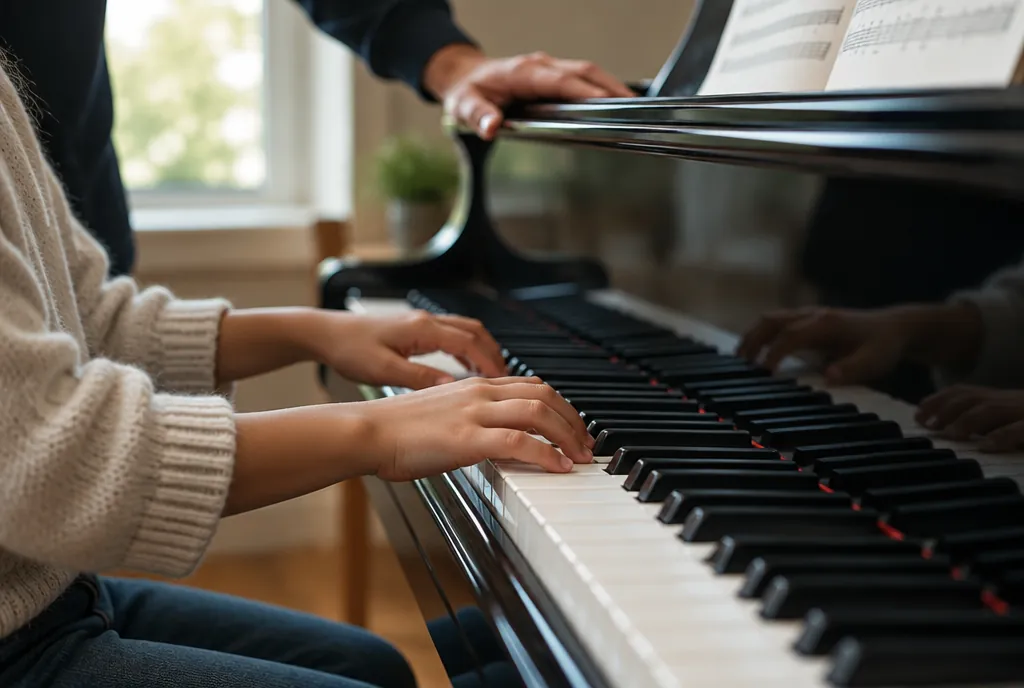 A child's hands on the keys of a grand piano with an adult's hand resting on the piano edge, sheet music softly out of focus