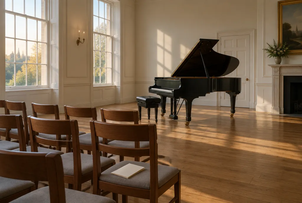 An empty recital room with rows of wooden chairs facing a grand piano with its lid raised, in late-afternoon light