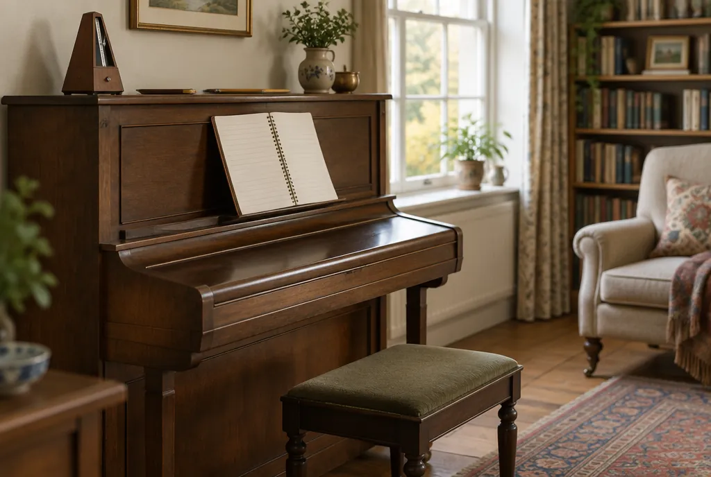 An upright piano with its fallboard closed in a family sitting room, a metronome on top and an open notebook on the music desk